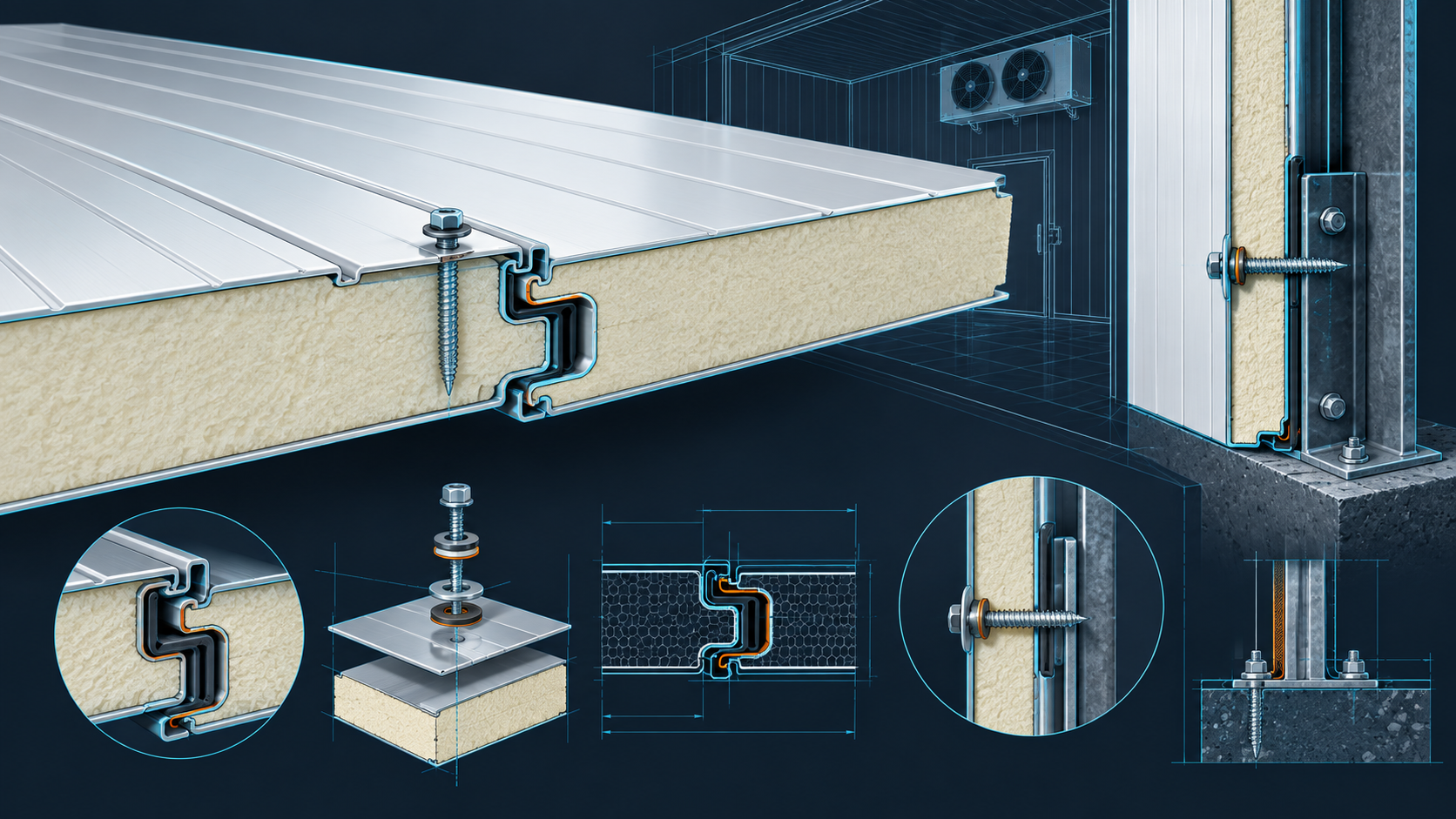 Detalle técnico de panel sándwich frigorífico y constructivo